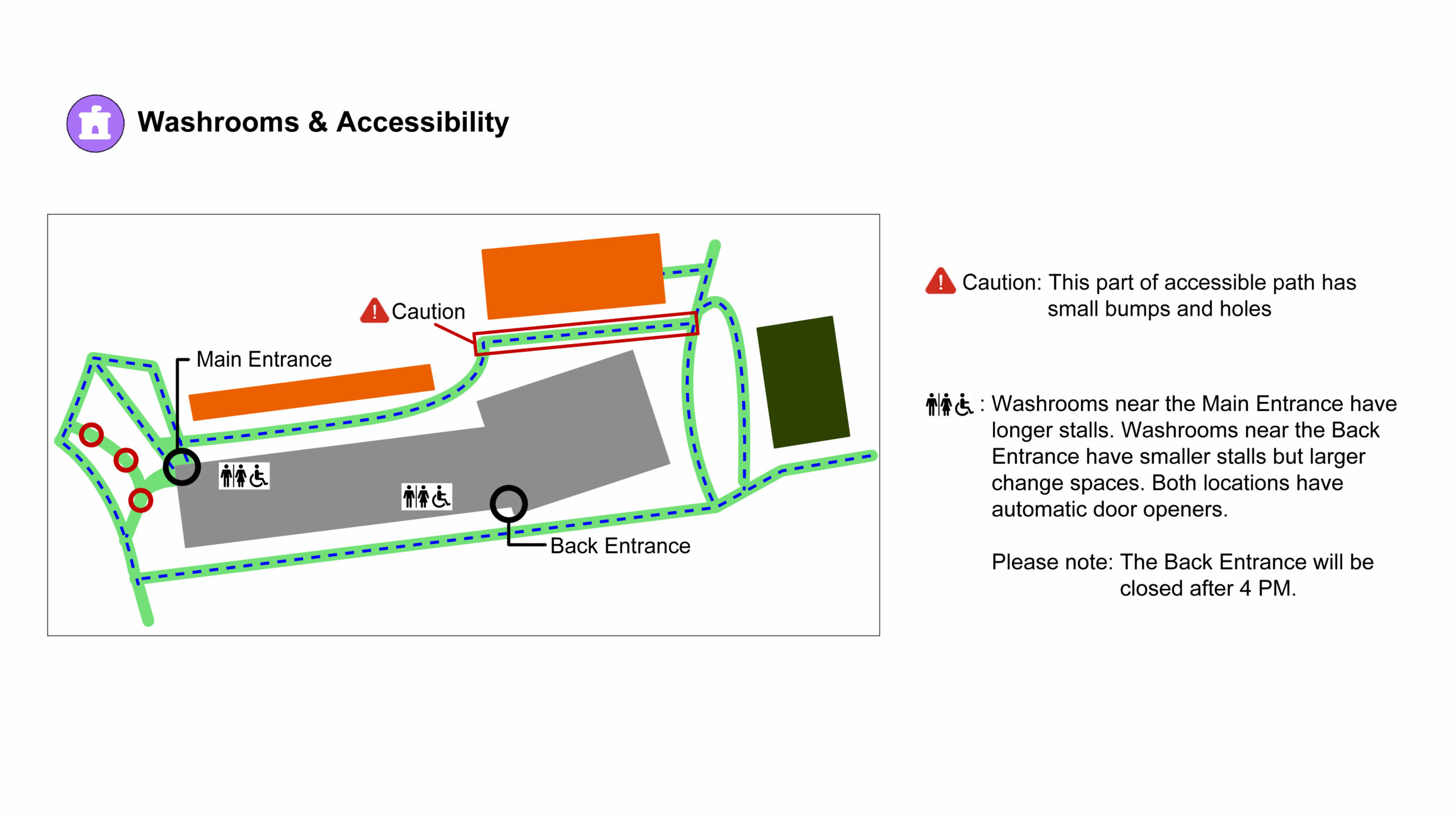 A close-up map focused on the washrooms and accessibility routes around the Parkway Forest Community Centre.
